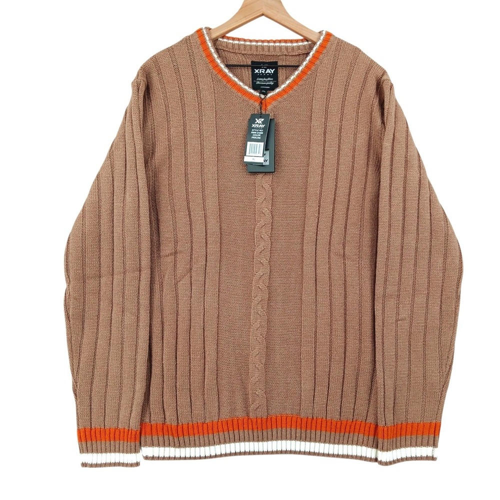 XRay Jeans Sweater Mens XL Brown Knit Pullover V Neck Long Sleeve Acrylic NEW